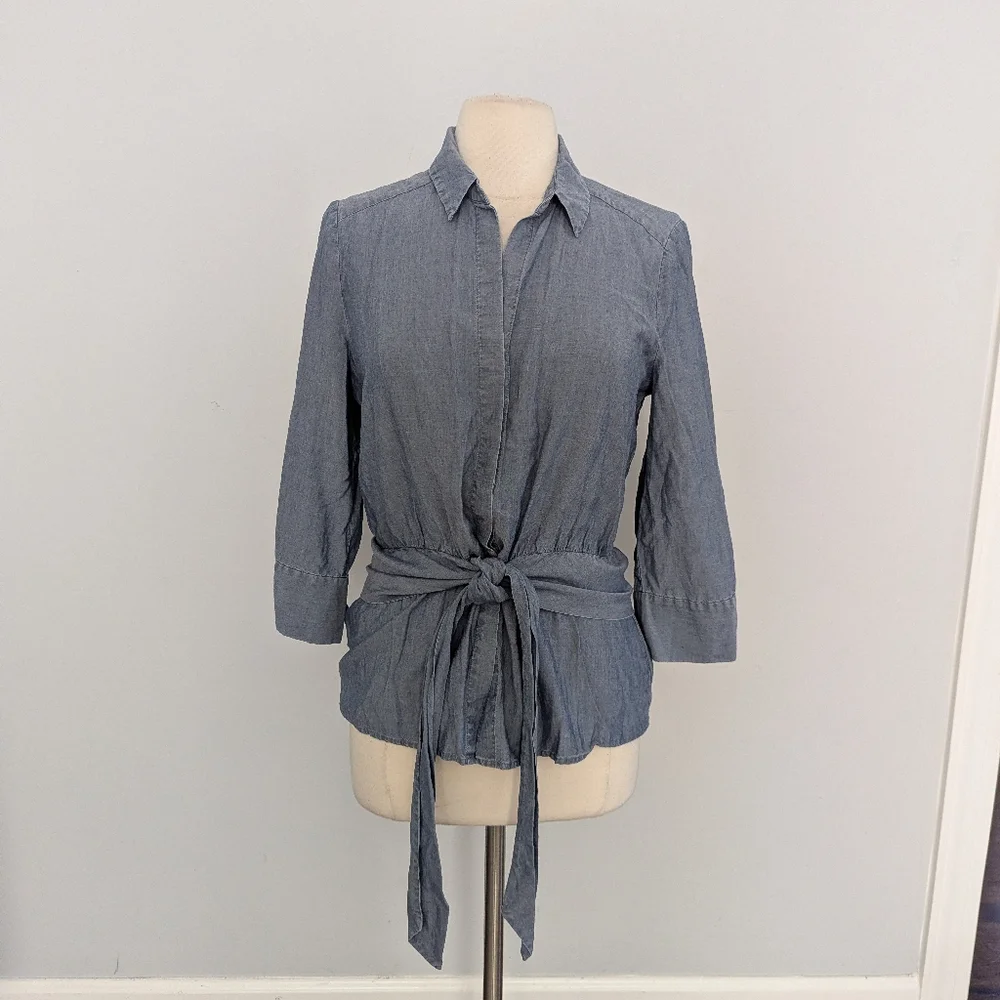 Women's L'Agence Colette Blouse Top Medium Tie Waist Denim Blue - Picture 7 of 10
